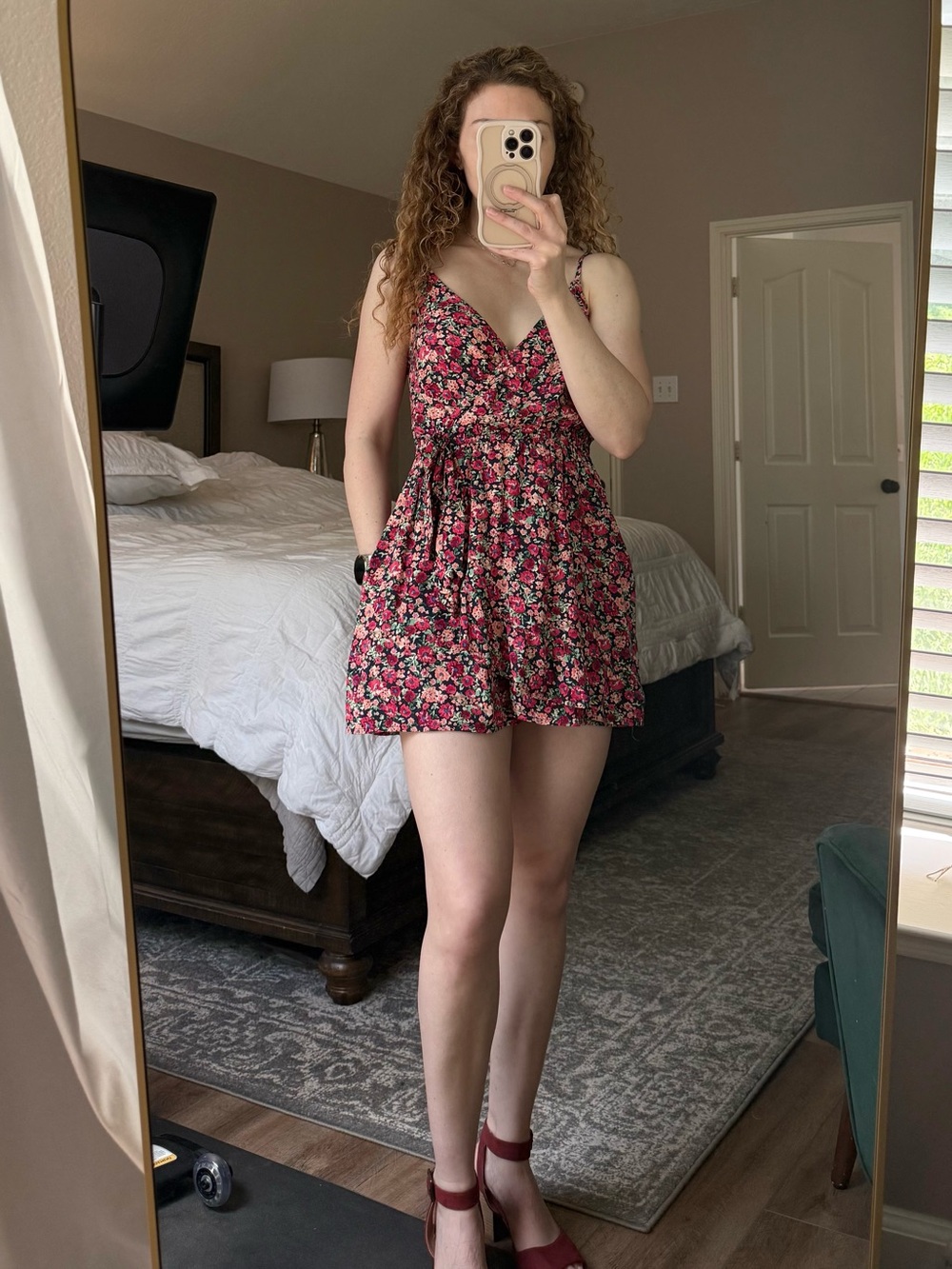 wild fable Navy Floral Wrap Romper with Red and Pink Blooms